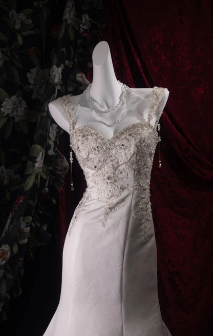 Vintage White Prom Dress Straps Mermaid Evening Dress Satin Beaded Formal Dress DP05057