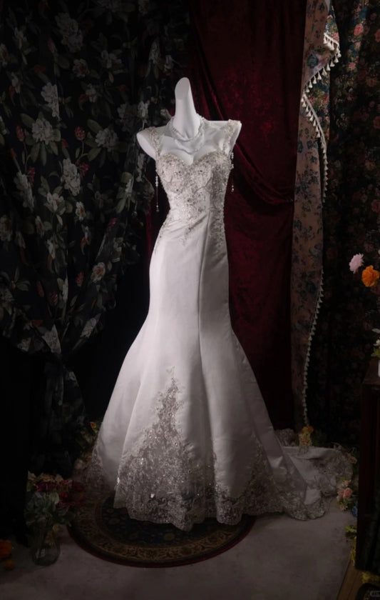 Vintage White Prom Dress Straps Mermaid Evening Dress Satin Beaded Formal Dress DP05057