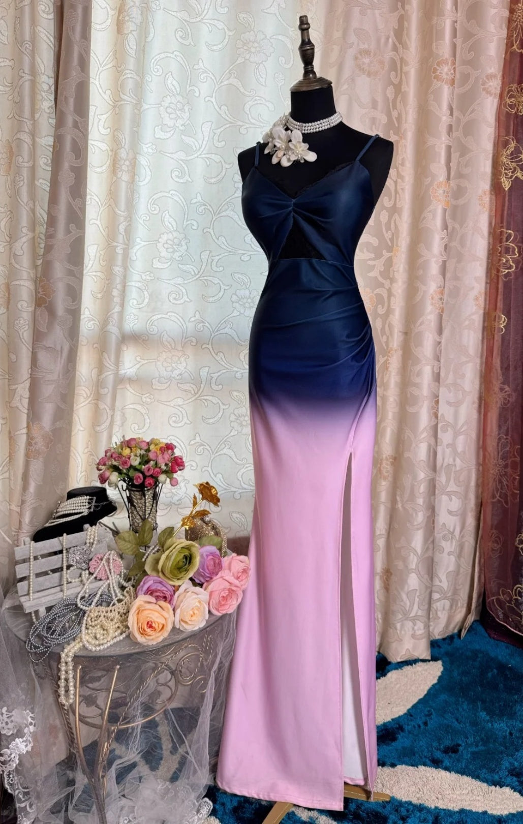 Vintage Pink Prom Dress Straps Sheath Evening Dress Satin  Formal Dress DP05058