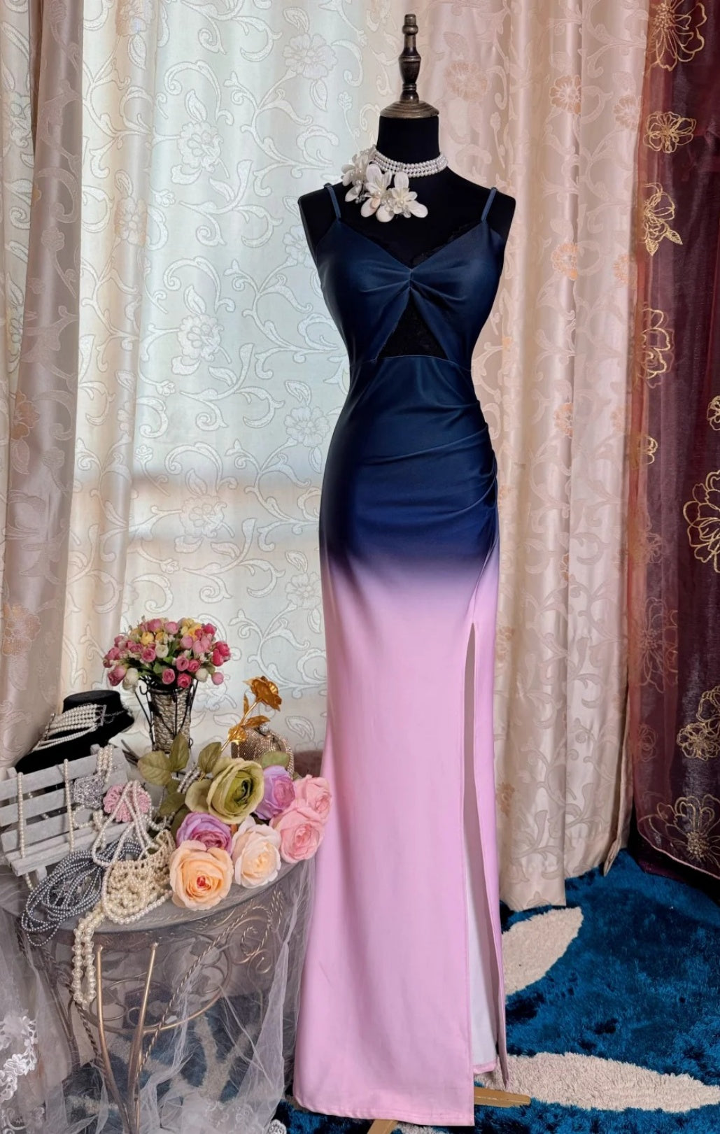 Vintage Pink Prom Dress Straps Sheath Evening Dress Satin  Formal Dress DP05058