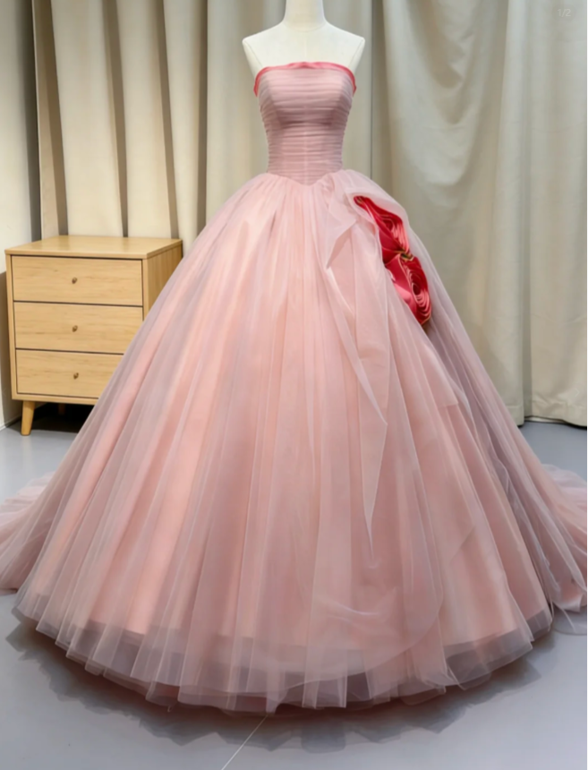 Cute Pink Prom Dress A-Line Strapless Birthday Dress Tulle Sleeveless Sweet 16 Dress DP05059