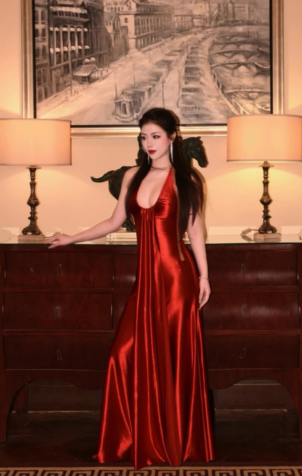 Sexy Red Prom Dress V-neck Sheath Evening Dress Satin Sleeveless Formal Dress DP05060