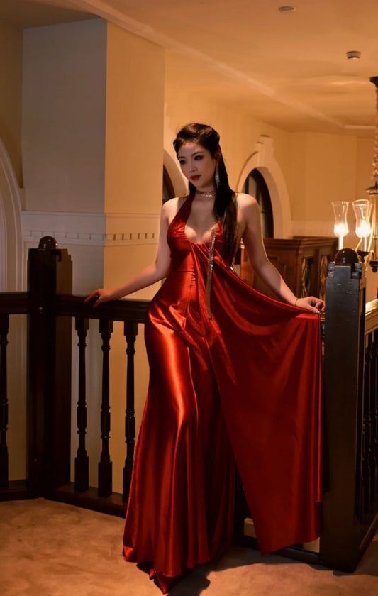 Sexy Red Prom Dress V-neck Sheath Evening Dress Satin Sleeveless Formal Dress DP05060