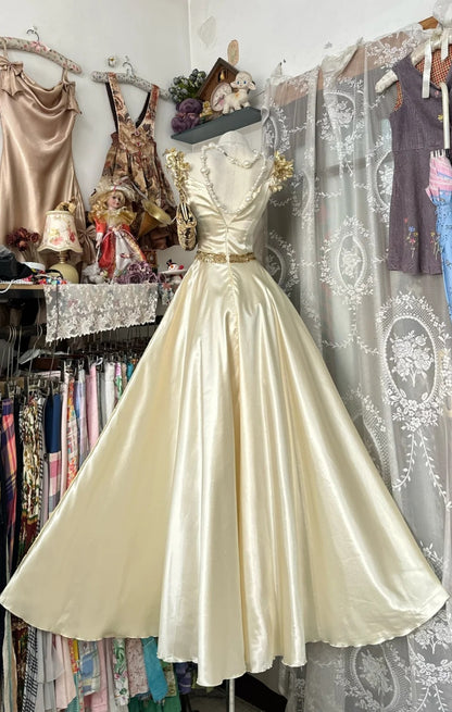 Vintage Light Champagne Prom Dress Square A-Line Evening Dress Satin Sleeveless Party Dress DP05061