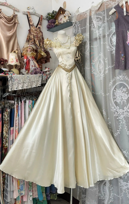 Vintage Light Champagne Prom Dress Square A-Line Evening Dress Satin Sleeveless Party Dress DP05061