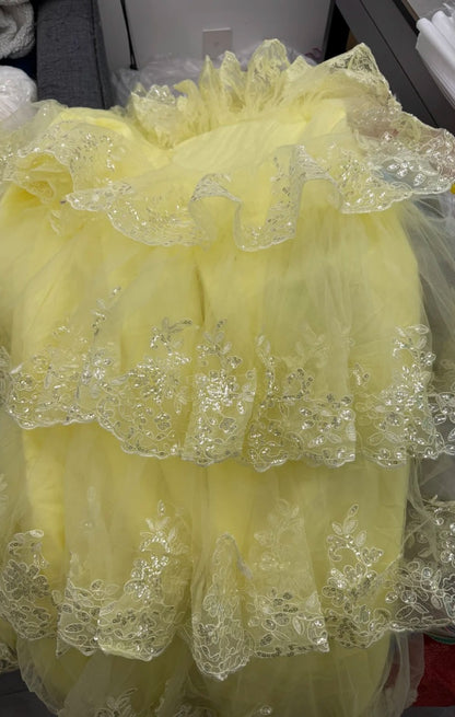 Cute Yellow Prom Dress Spaghetti Straps A-Line Evening Dress Tulle Appliques Sleeveless Party Dress DP05062