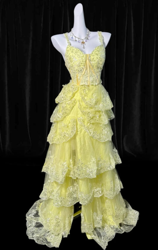 Cute Yellow Prom Dress Spaghetti Straps A-Line Evening Dress Tulle Appliques Sleeveless Party Dress DP05062