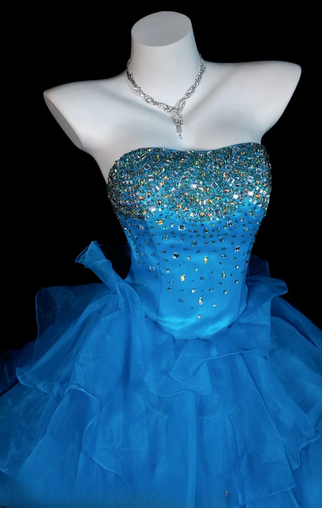 Chic Blue Prom Dress Strapless A-Line Evening Dress Tulle Sleeveless Birthday Dress DP05064