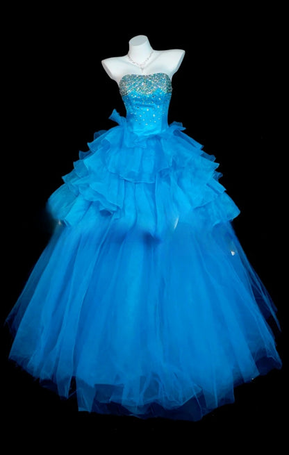 Chic Blue Prom Dress Strapless A-Line Evening Dress Tulle Sleeveless Birthday Dress DP05064