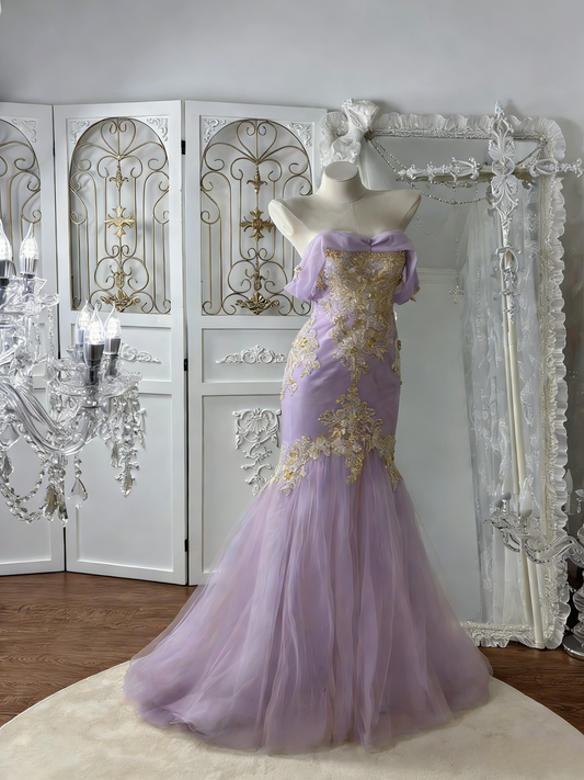 Chic Yellow Prom Dress Off-shoulder Mermaid Evening Dress Appliques Tulle Birthday Dress DP05067