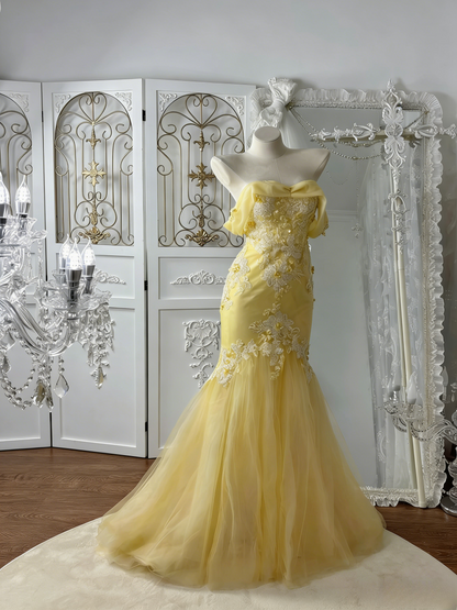 Chic Yellow Prom Dress Off-shoulder Mermaid Evening Dress Appliques Tulle Birthday Dress DP05067