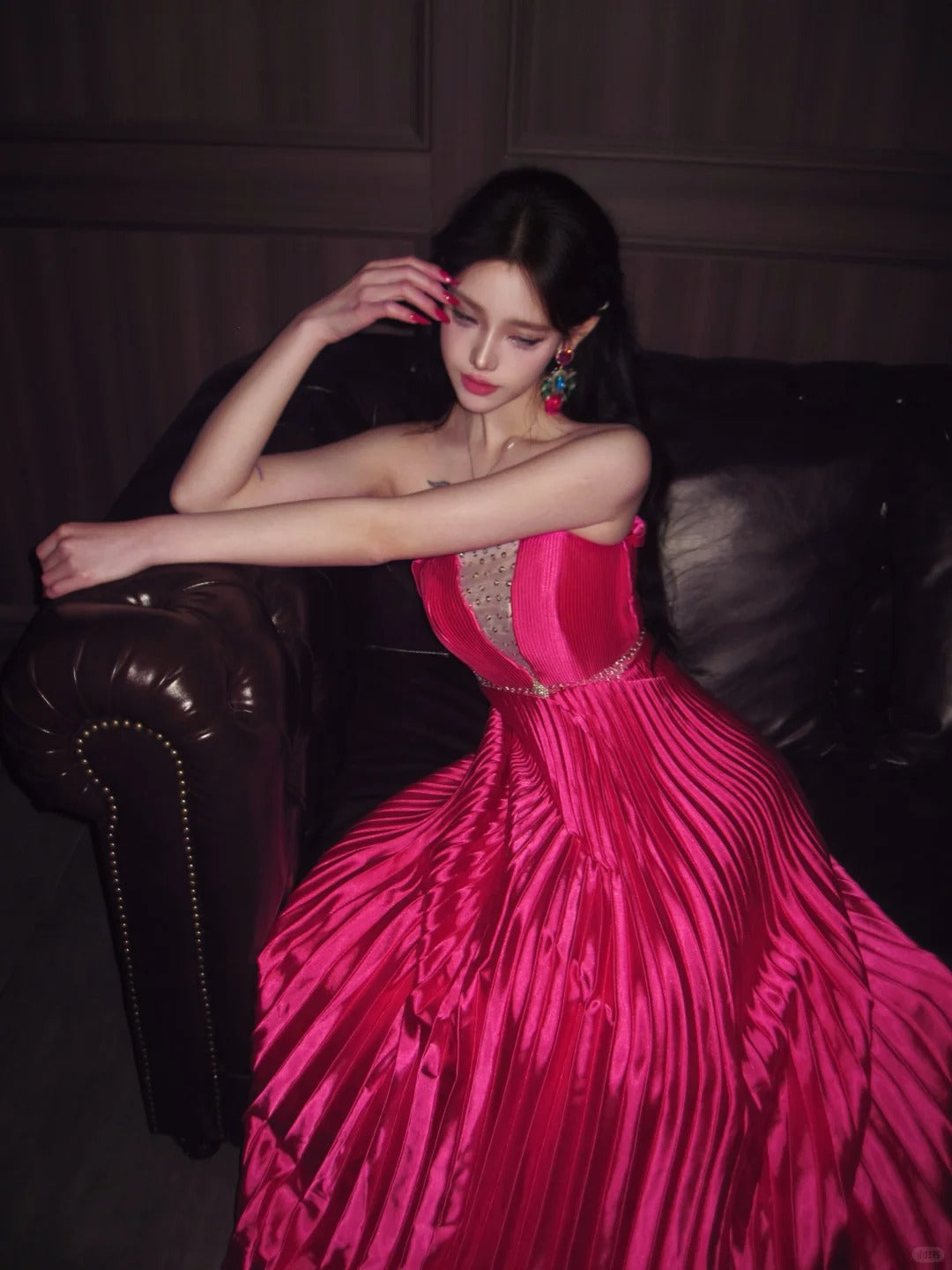 Chic Hot Pink Prom Dress Straps A-line Evening Dress Silk Sleeveless Birthday Dress DP05068