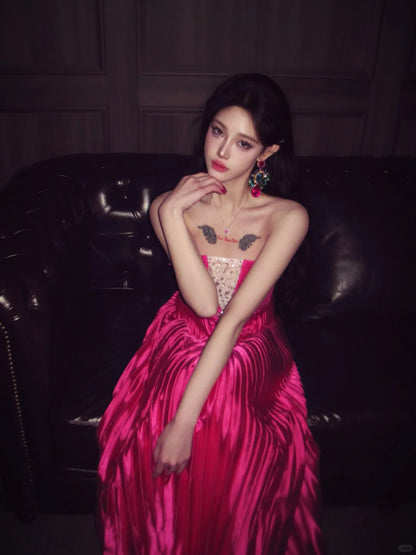 Chic Hot Pink Prom Dress Straps A-line Evening Dress Silk Sleeveless Birthday Dress DP05068