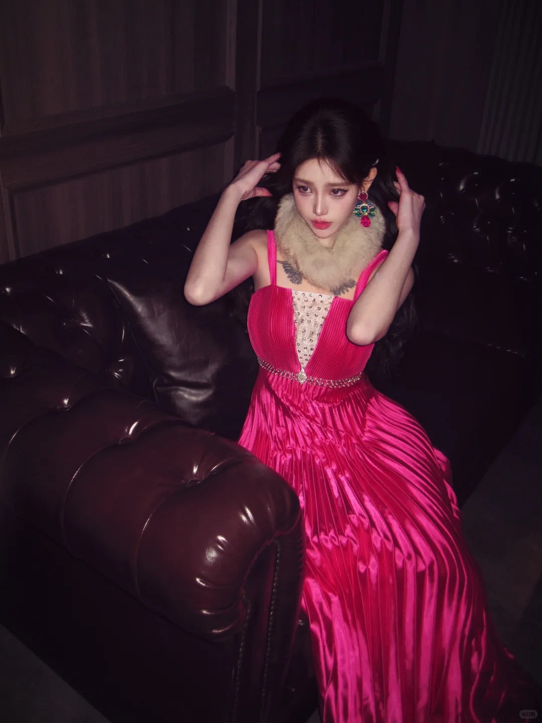 Chic Hot Pink Prom Dress Straps A-line Evening Dress Silk Sleeveless Birthday Dress DP05068