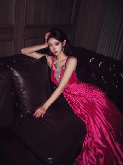 Chic Hot Pink Prom Dress Straps A-line Evening Dress Silk Sleeveless Birthday Dress DP05068