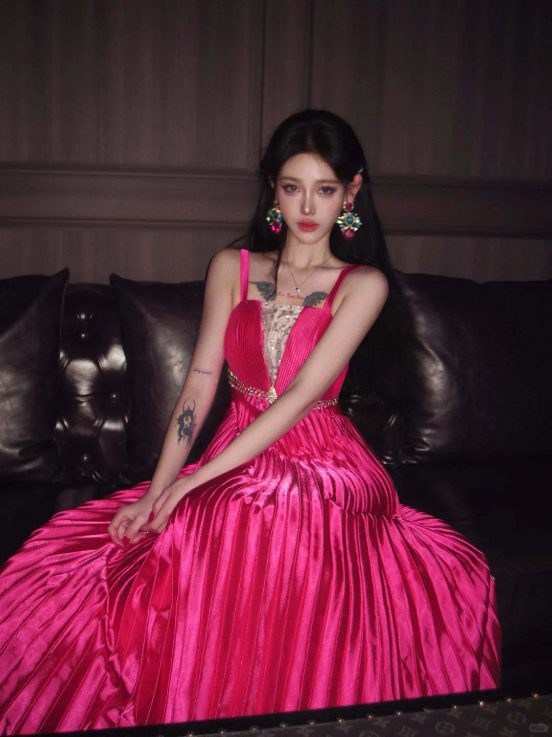 Chic Hot Pink Prom Dress Straps A-line Evening Dress Silk Sleeveless Birthday Dress DP05068