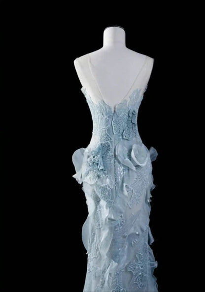 Glam Sheath Blue Prom Dress Strapless Tulle Evening Dress DP05071