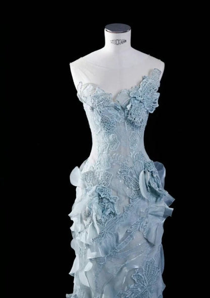 Glam Sheath Blue Prom Dress Strapless Tulle Evening Dress DP05071