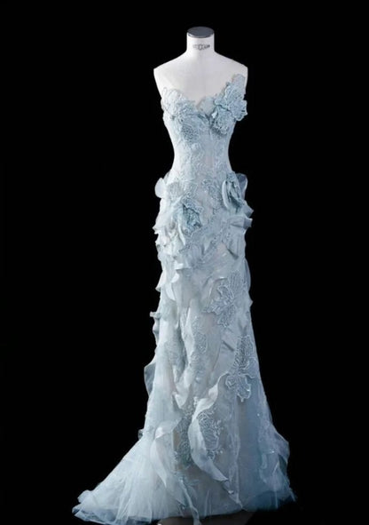 Glam Sheath Blue Prom Dress Strapless Tulle Evening Dress DP05071