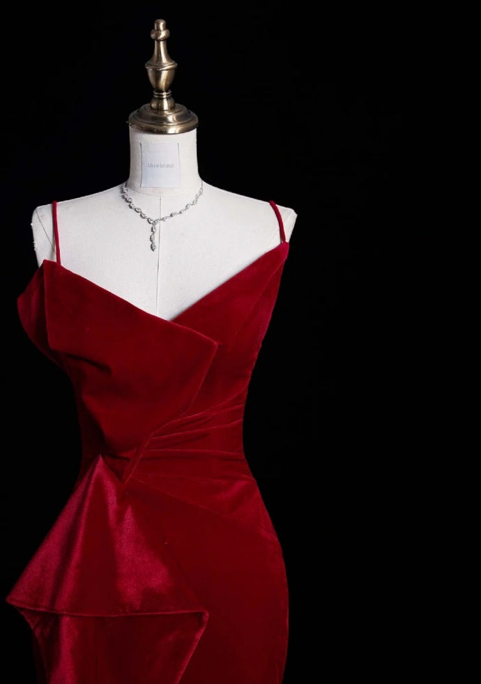 Chic Mermaid  Burgundy Prom Dress Sapghetti Straps Velvet  Evening Dress DP05072