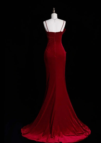 Chic Mermaid  Burgundy Prom Dress Sapghetti Straps Velvet  Evening Dress DP05072