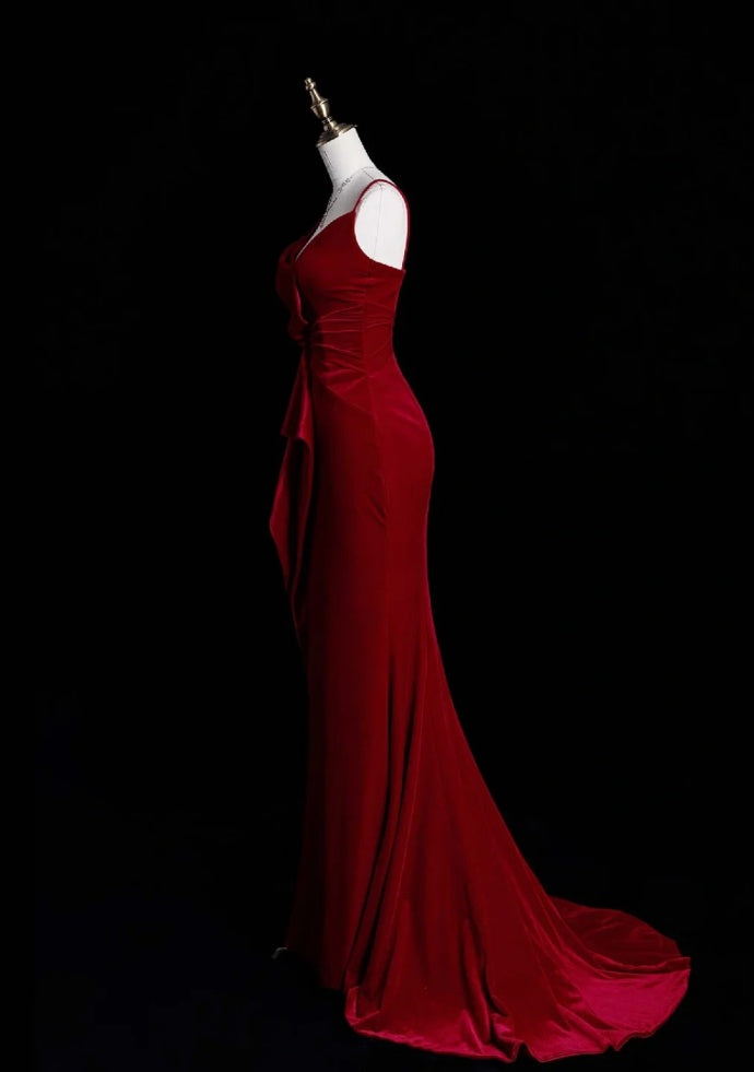 Chic Mermaid  Burgundy Prom Dress Sapghetti Straps Velvet  Evening Dress DP05072