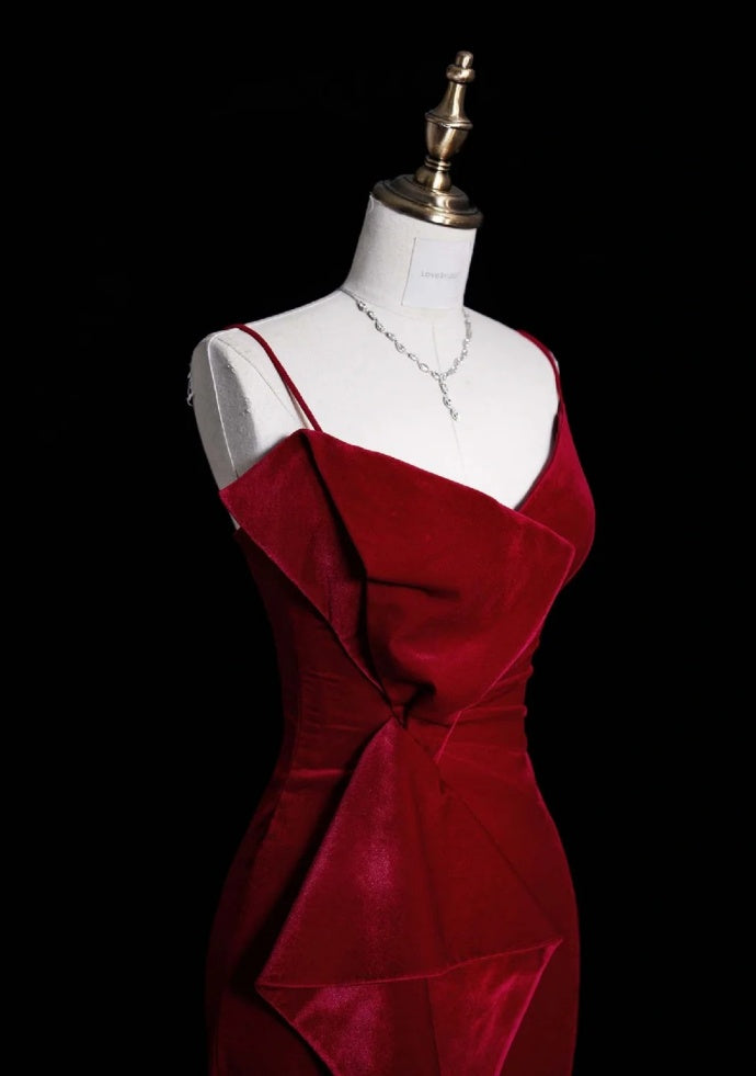 Chic Mermaid  Burgundy Prom Dress Sapghetti Straps Velvet  Evening Dress DP05072