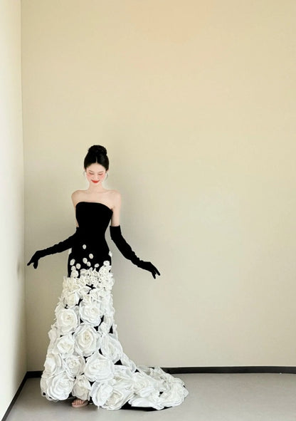 Chic Sheath Black Prom Dress Strapless Tulle Evening Dress DP05073