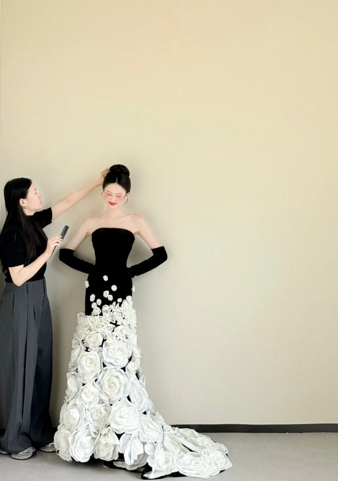 Chic Sheath Black Prom Dress Strapless Tulle Evening Dress DP05073