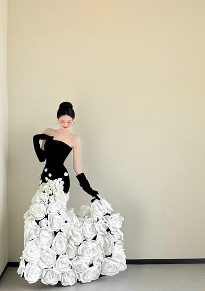 Chic Sheath Black Prom Dress Strapless Tulle Evening Dress DP05073