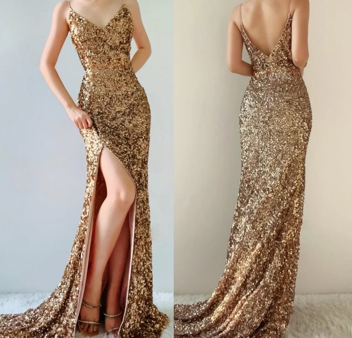 Chic Sheath Gold Prom Dress Sapghetti Straps Sequins Sleeveless Evening Dress with Slit DP05081