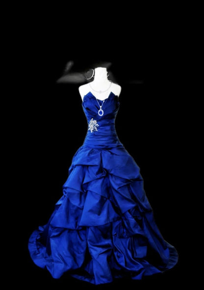 Chic A-Line Blue Prom Dress Strapless Satin Sleeveless Evening Dress DP05082