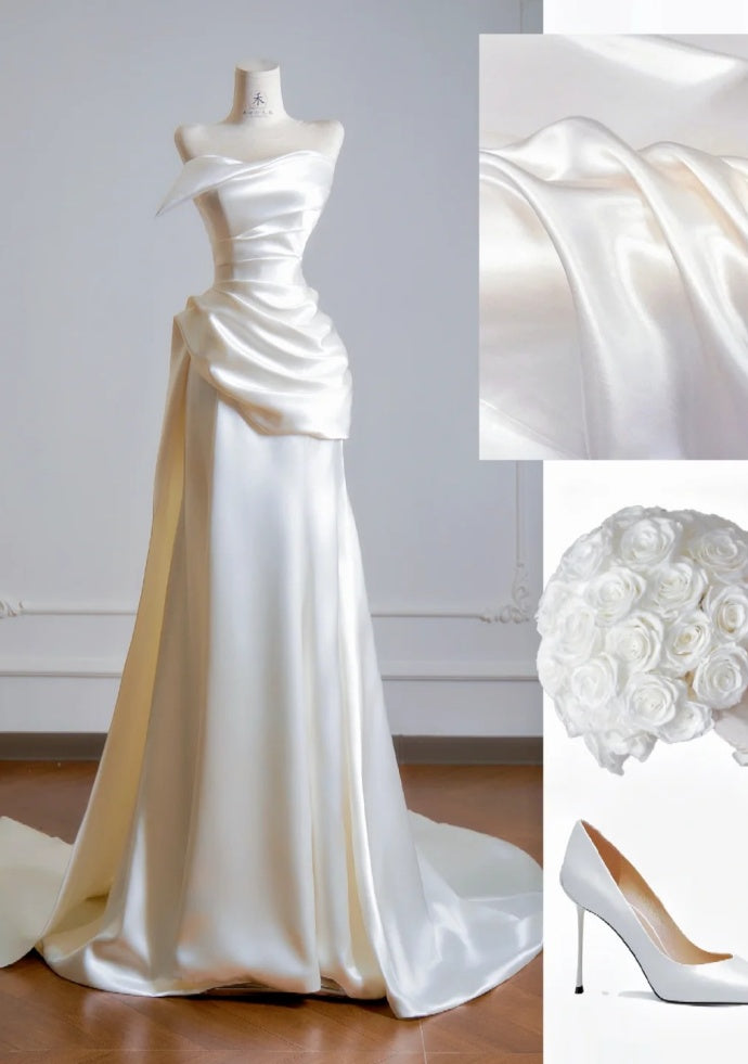 Chic Sheath Champagne Prom Dress Strapless Satin Sleeveless Evening Dress DP05083