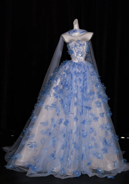 Fairy A-Line White Prom Dress Strapless Appliques Tulle Sleeveless Evening Dress  DP05085