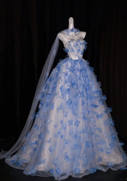 Fairy A-Line White Prom Dress Strapless Appliques Tulle Sleeveless Evening Dress  DP05085