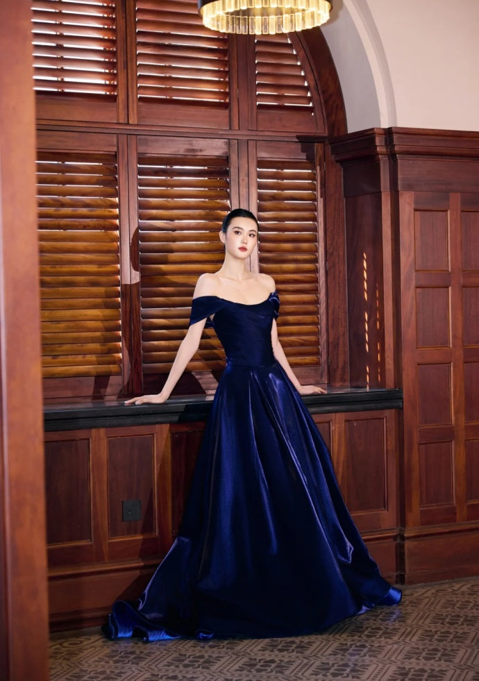 Fairy A-Line Navy Blue Prom Dress Satin Sleeveless Evening Dress  DP05086