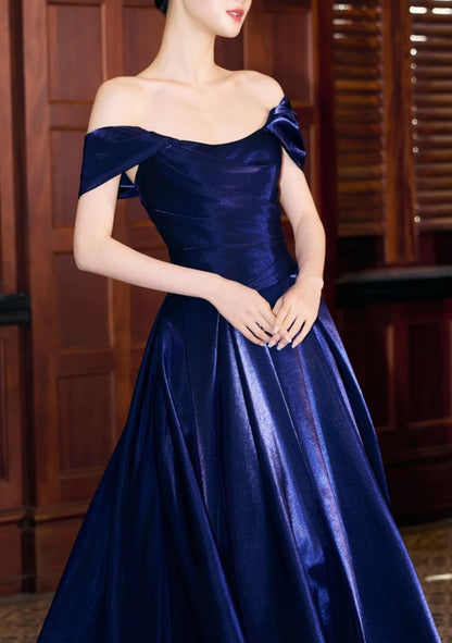 Fairy A-Line Navy Blue Prom Dress Satin Sleeveless Evening Dress  DP05086