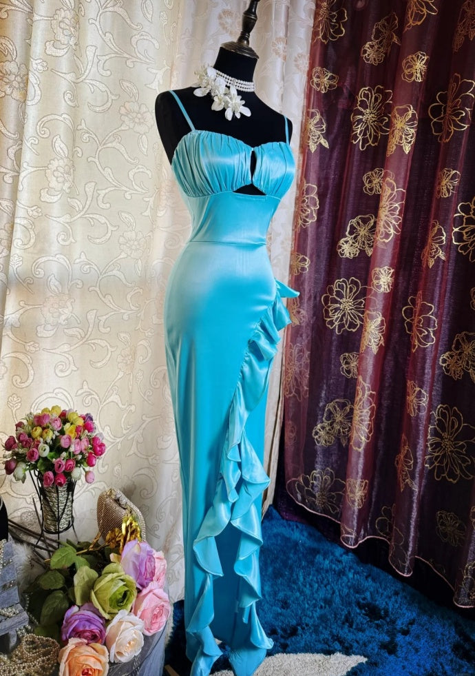 Fairy Sheath Blue Prom Dress Satin Sleeveless Evening Dress DP05088