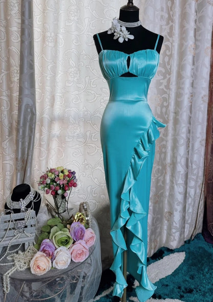 Fairy Sheath Blue Prom Dress Satin Sleeveless Evening Dress DP05088
