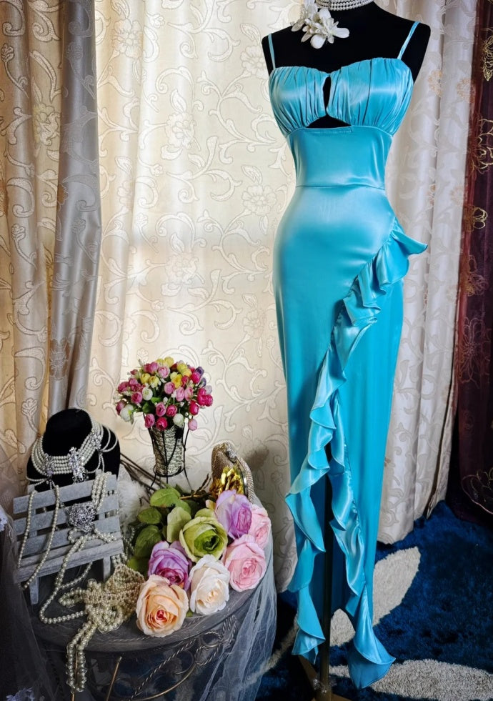 Fairy Sheath Blue Prom Dress Satin Sleeveless Evening Dress DP05088