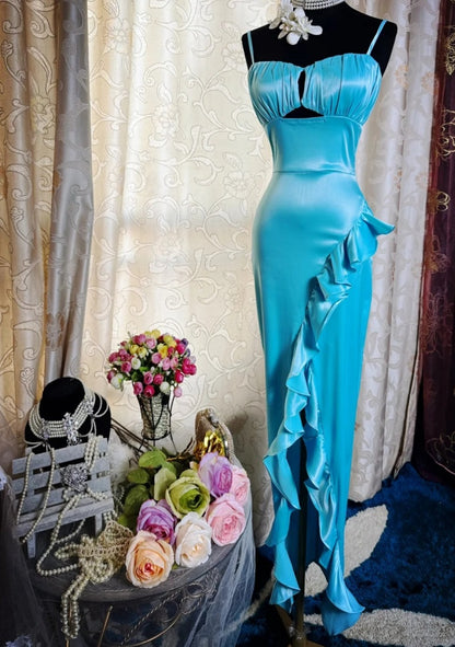 Fairy Sheath Blue Prom Dress Satin Sleeveless Evening Dress DP05088