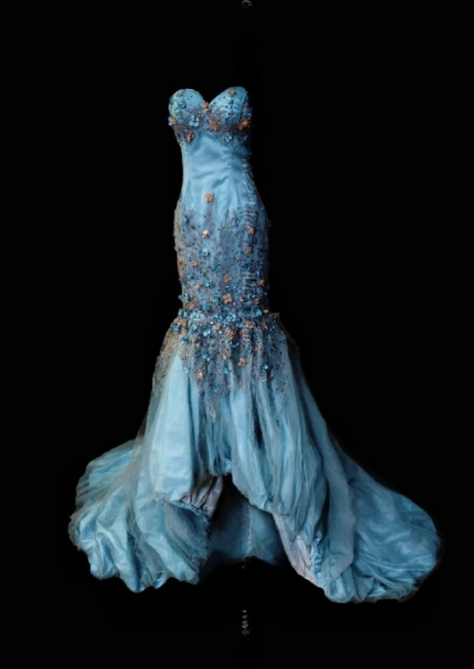 Chic Blue Prom Dress Tulle Applique Mermaid Birthday Dress Sleeveless Evening Dress DP05155