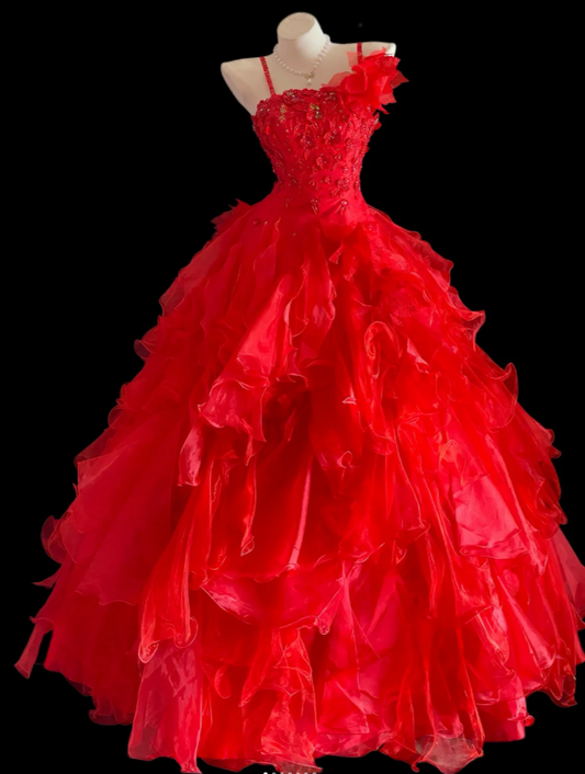 Chic Red Prom Dress Straps Tulle A-Line Birthday Dress Sleeveless Evening Dress DP05158