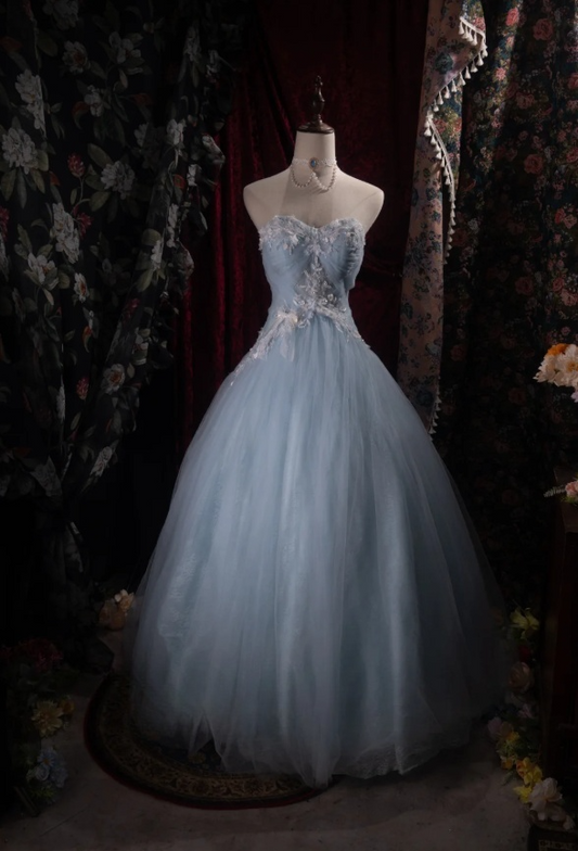 Chic Light Blue Prom Dress Strapless Tulle A-Line Birthday Dress Sleeveless Evening Dress DP05159