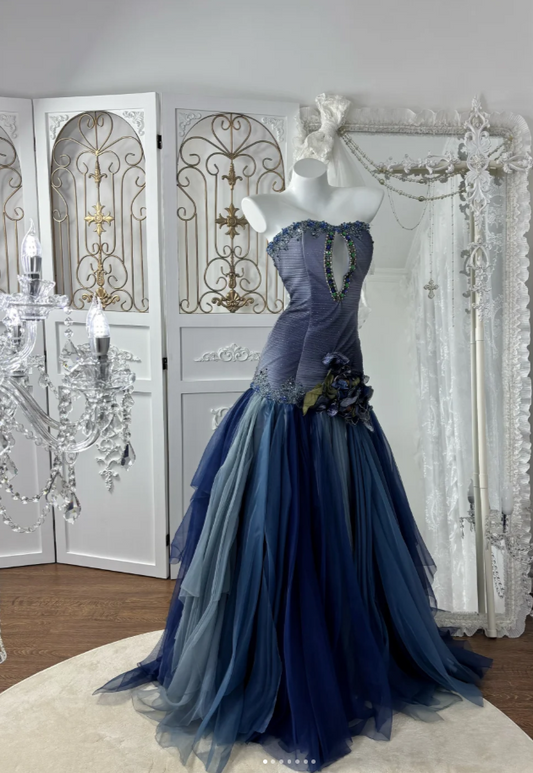 Elegant Navy Blue Prom Dress Chiffon Strapless Evening Dress A-Line Birthday Dress DP05163