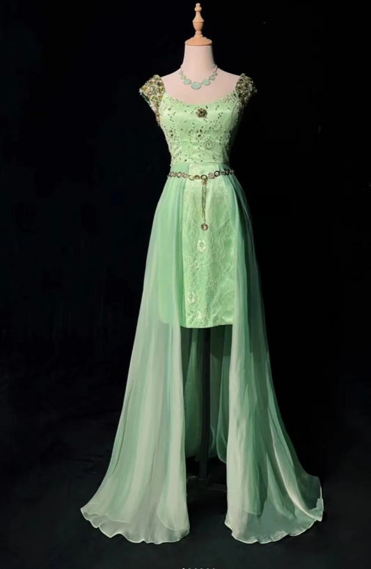 Elegant Green Prom DressBeaded Chiffon V-neck Evening Dress Sheath Birthday Dress DP05165