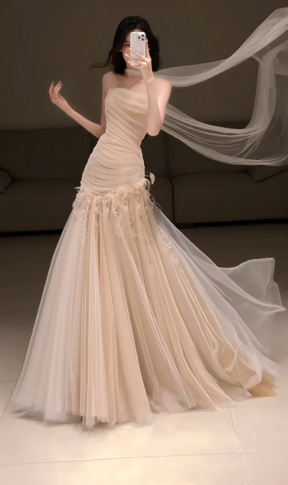 Elegant Champagne Prom Dress Tulle Strapless Evening Dress Sheath Birthday Dress DP05166