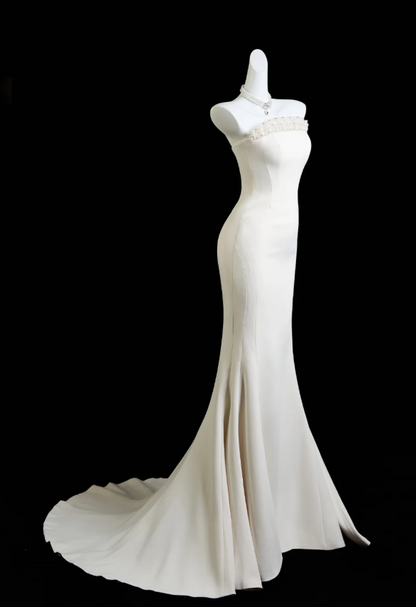 Elegant White Prom Dress Satin Evening Dress Mermaid Birthday Dress DP05170