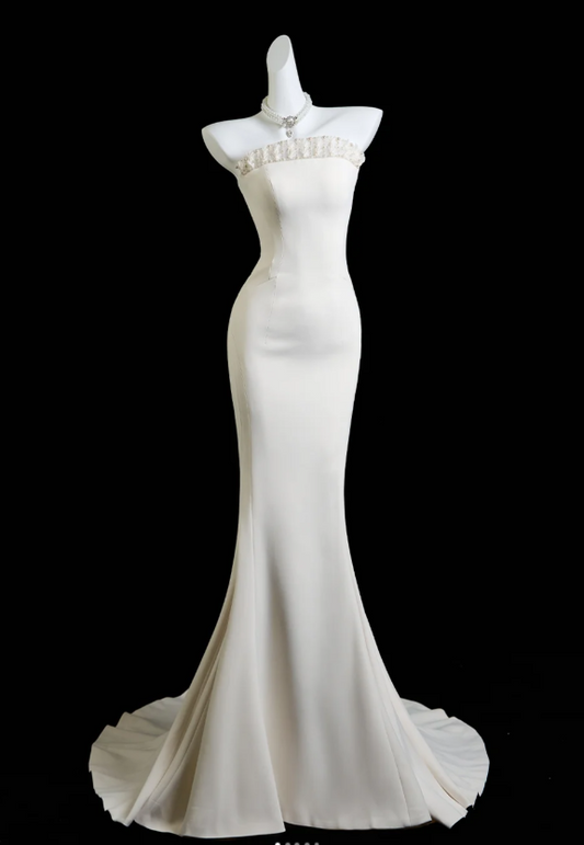 Elegant White Prom Dress Satin Evening Dress Mermaid Birthday Dress DP05170