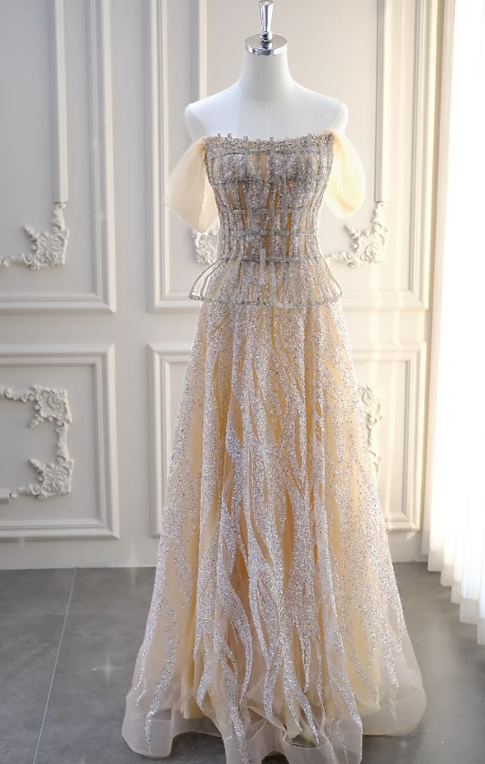 Elegant Champagne Prom Dress Sequins Tulle Evening Dress A-Line Birthday Dress DP05171